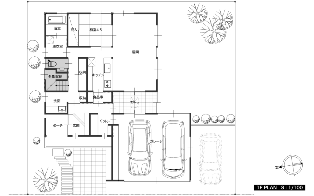 5人家族のガレージハウス｜階段・外部収納・トイレ